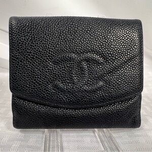 1107: Chanel Black Caviar Leather Wallet Vintage Snap Closure - serial cut out